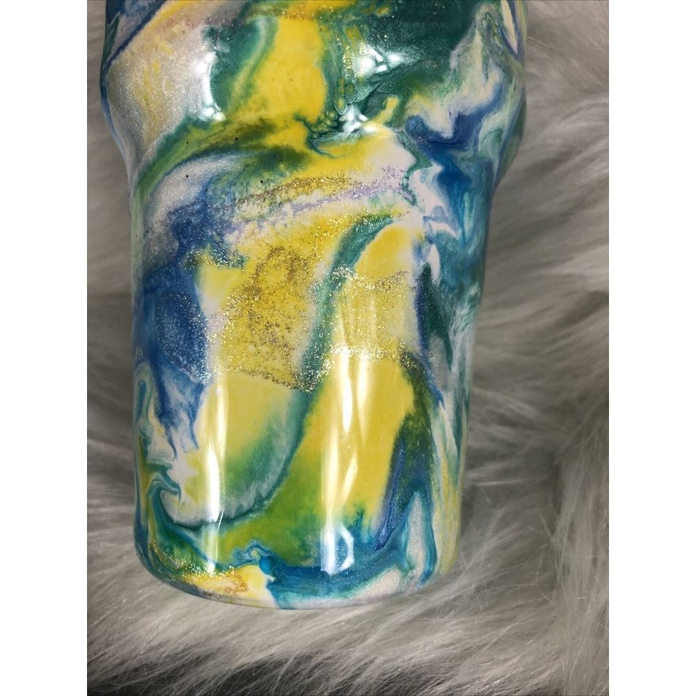 32 Ounce Tumbler Hand Painted Teal’s Blues Yellows Pearls & Glitter Lid Custom - Picture 11 of 16